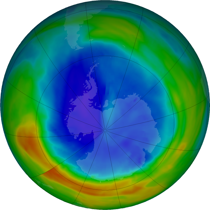 Antarctic ozone map for 30 August 2020